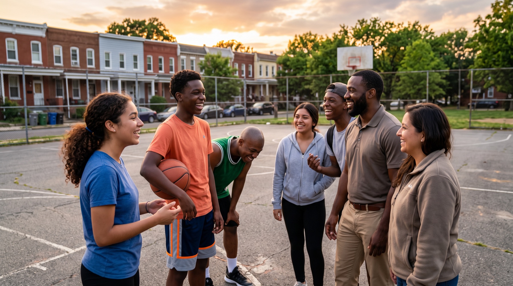 Teenagers and mentors laughing together on a neighborhood basketball court at sunset