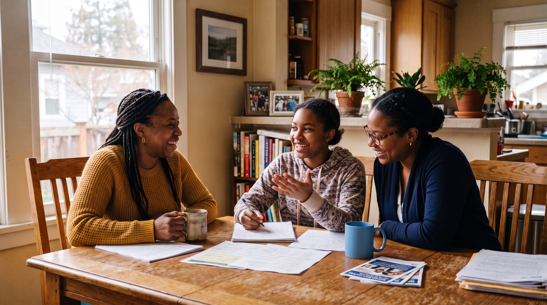 A mother, her teenage daughter, and a mentor talk and laugh together at a kitchen table