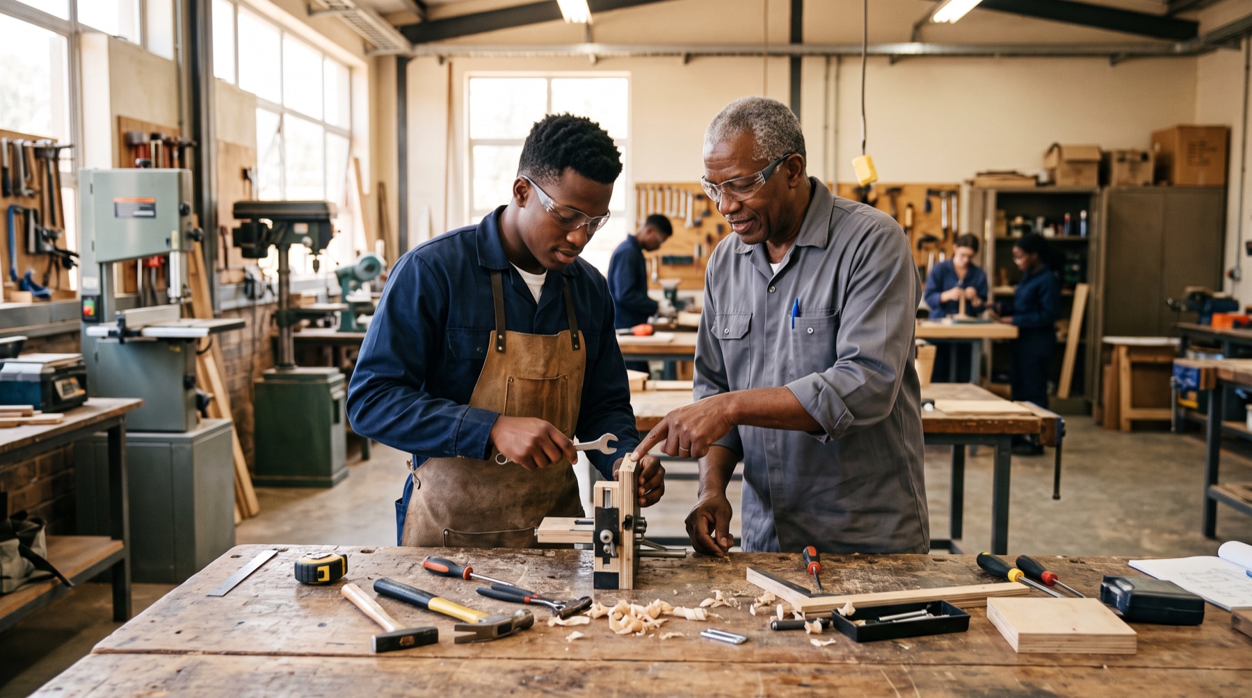 A young man in safety glasses learns at a workbench while an instructor guides him